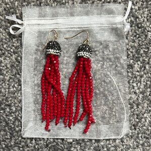 Red Beaded Tassel Drop Earrings - Women Jewelry